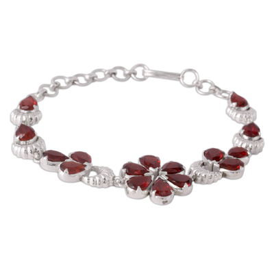 Garnet flower bracelet, 'Cherry Blossom' - Floral Sterling Silver and Garnet Bracelet