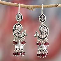 Garnet chandelier earrings, 'Paisley Peacock' - Sterling Silver and Garnet Chandelier Earrings from India