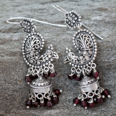 Garnet chandelier earrings, 'Paisley Peacock' - Sterling Silver and Garnet Chandelier Earrings from India