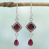 Garnet dangle earrings, 'Fire of Love' - Sterling Silver and Deep Red Garnet Artisan Dangle Earrings