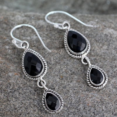 Onyx dangle earrings, 'Midnight Teardrops' - Onyx Earrings Handmade with Sterling Silver India Jewellery