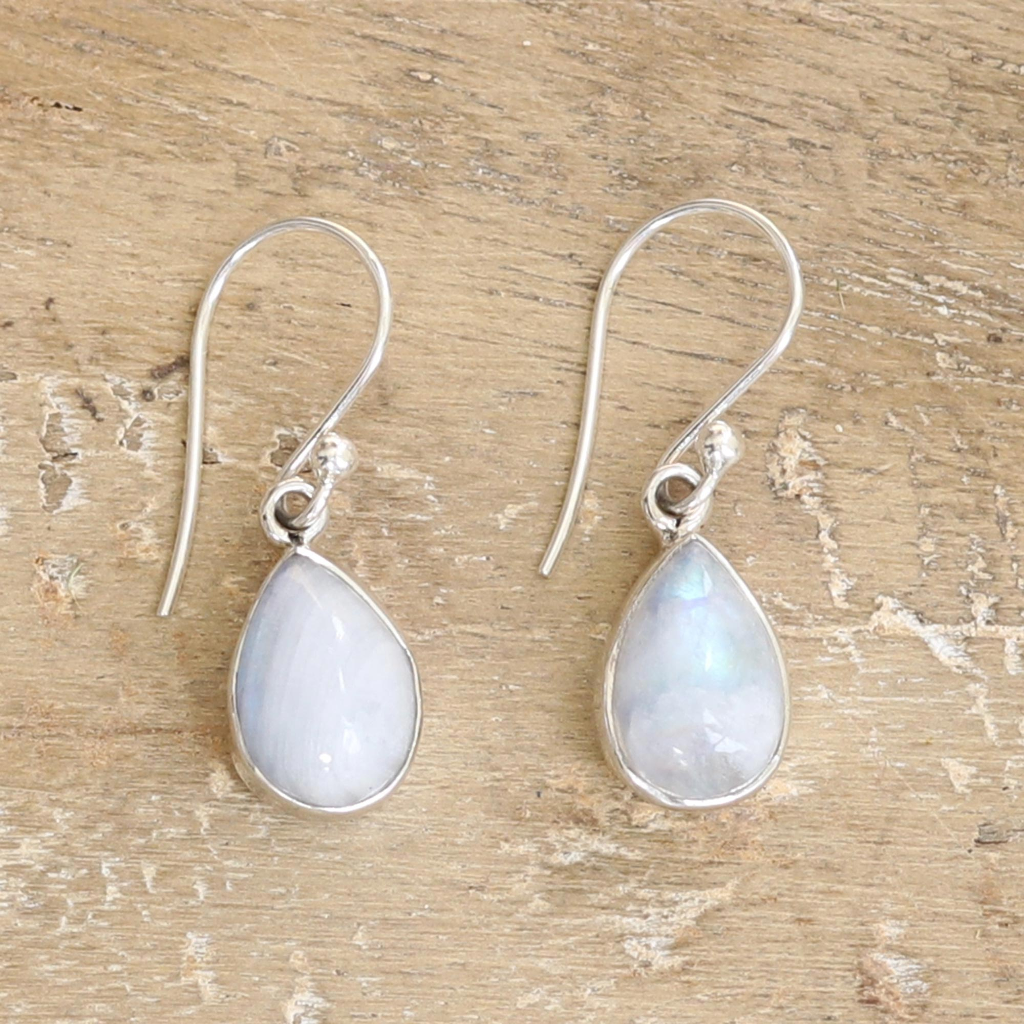 Moonstone and Eco Silver Long Drop Earrings Faceted Rainbow Stones.