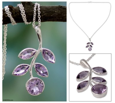 Amethyst pendant necklace, 'Lilac Leaves' - Unique Amethyst Pendant Necklace