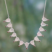 Rose quartz and garnet waterfall necklace, 'Love's Secret' - Unique Rose Quartz Waterfall Necklace