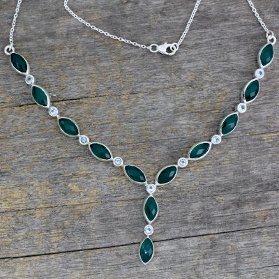 Green onyx and topaz Y necklace, 'Valley Dreamer' - Green Onyx and Blue Topaz Y Necklace