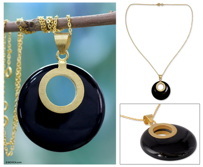 Gold vermeil onyx pendant necklace, 'Skylight' - Gold Vermeil Onyx Necklace jewellery from India