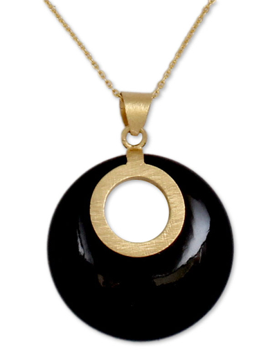 Gold vermeil onyx pendant necklace, 'Skylight' - Gold Vermeil Onyx Necklace Jewelry from India
