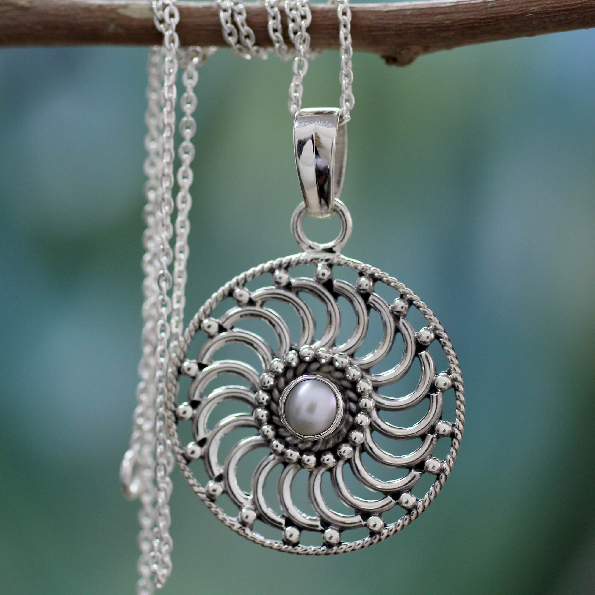 Sterling Silver and Pearl Pendant Necklace - Whirlwind | NOVICA Canada
