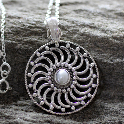 Cultured pearl pendant necklace, 'Whirlwind' - Sterling Silver and Pearl Pendant Necklace
