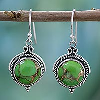 Sterling silver dangle earrings, 'Splendor' - Unique Green Sterling Silver Reconstituted Dangle Earrings