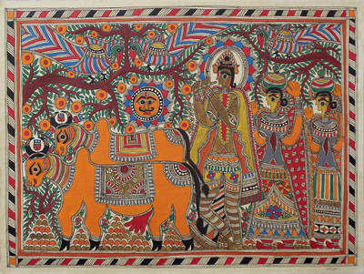 Madhubani painting, 'Krishna with Cows' - Madhubani painting