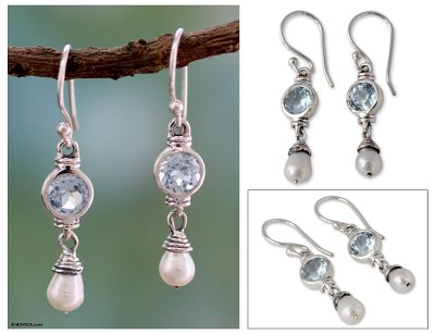 Cultured pearl and blue topaz dangle earrings, 'Smile' - Cultured pearl and blue topaz dangle earrings