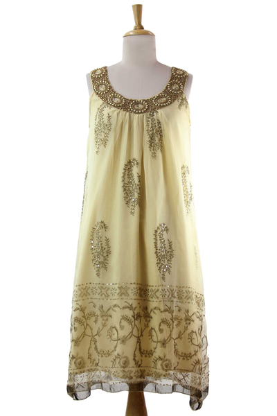 Beige Beaded A-Line Golden Dress with Beadwork - Gujarat Glitz | NOVICA