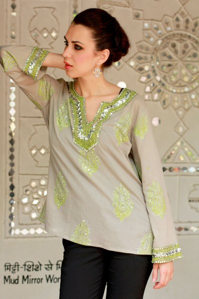 Beaded cotton tunic, 'Jaipur Fascination' - Grey Cotton Tunic with Green and Silver Embellishments