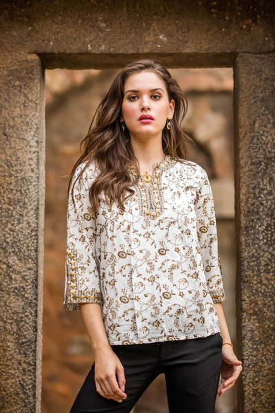 White Cotton Tunic with Floral Block Print and Beading - Floral Garden