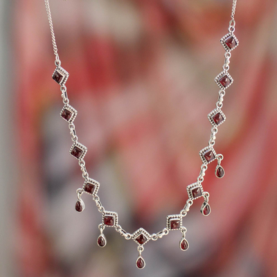 Garnet waterfall necklace, 'Queen of Diamonds' - Garnet Necklace Sterling Silver Jewelry from India