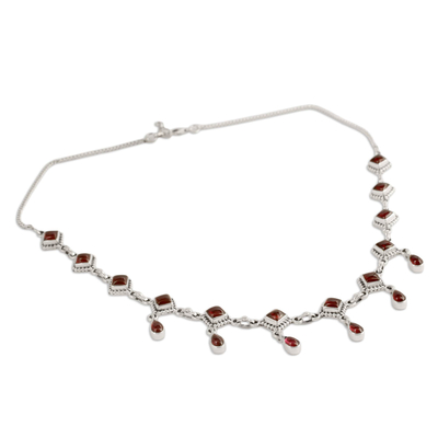 Garnet waterfall necklace, 'Queen of Diamonds' - Garnet Necklace Sterling Silver Jewelry from India