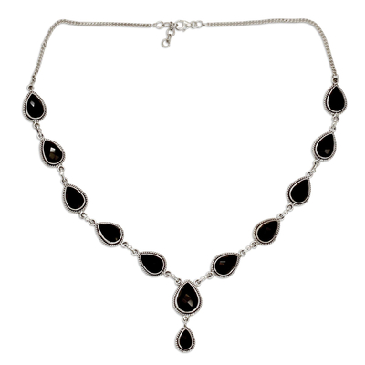 Onyx Y-necklace, 'Midnight Teardrop' - Indian Onyx and Sterling Silver Y Necklace