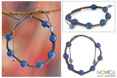 Blue chalcedony Shambhala-style bracelet, 'Blissful Harmony' - Cotton Chalcedony Bracelet Shambhala-style Jewellery