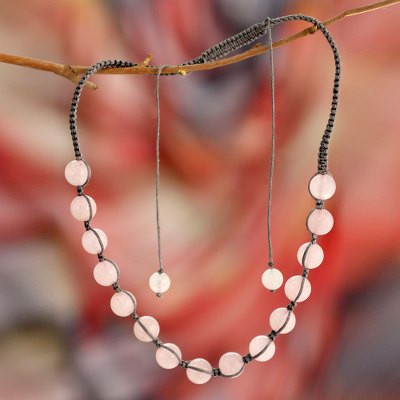 Rose quartz Shambhala-style necklace, 'Oneness' - Rose Quartz Hand Knotted Cotton Shambhala-style Necklace