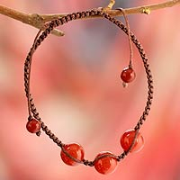 Cotton Shambhala-style bracelet, 'Courage' - Artisan Crafted Red Onyx Shambhala-style Bracelet from India