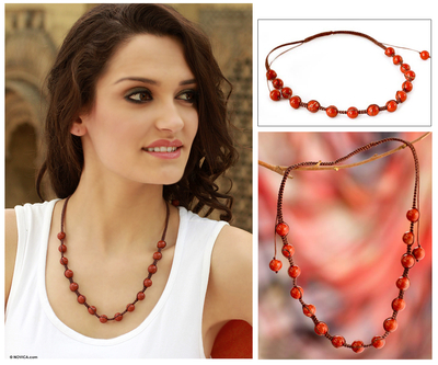 Jasper Shambhala-style necklace, 'Blissful Courage' - Shambhala-style jewellery Jasper and Cotton Necklace