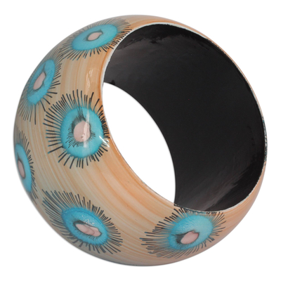 Wood bangle bracelet, 'Blue Anemone' - Handmade Floral Wood Bangle Bracelet