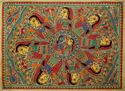 Madhubani painting, 'Krishna Leela II' - Madhubani painting
