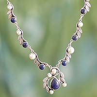 Cultured pearl and lapis lazuli pendant necklace, 'Tropical Fruit' - Pearl Lapis Lazuli and Sterling Silver Necklace from India