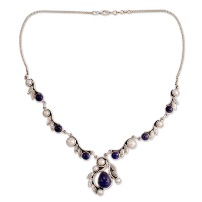Collar con colgante de perlas cultivadas y lapislázuli - Collar de perlas, lapislázuli y plata de ley de la India