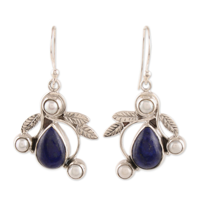 Cultured pearl and lapis lazuli dangle earrings, 'Tropical Fruit' - Pearl and Lapis Lazuli Earrings Sterling Silver Jewelry