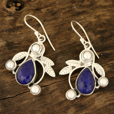 Cultured pearl and lapis lazuli dangle earrings, 'Tropical Fruit' - Pearl and Lapis Lazuli Earrings Sterling Silver Jewellery