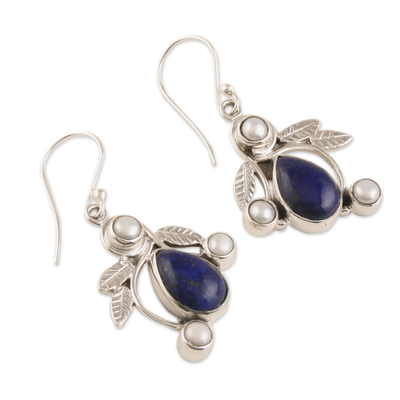 Cultured pearl and lapis lazuli dangle earrings, 'Tropical Fruit' - Pearl and Lapis Lazuli Earrings Sterling Silver Jewellery