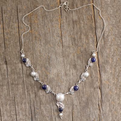 Cultured pearl and lapis lazuli Y-necklace, 'Tropical Berry' - India Cultured Pearl and Lapis Lazuli Necklace in Silver