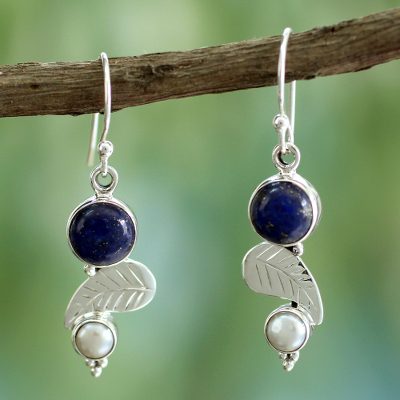 Cultured pearl and lapis lazuli dangle earrings, 'Tropical Berry' - Sterling Silver Earrings with Pearls and Lapis Lazuli