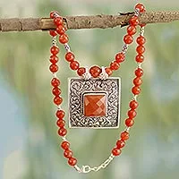 Carnelian pendant necklace, 'Mughal Fire' - Sterling Silver Mughal Art Necklace from India