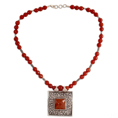 Carnelian pendant necklace, 'Mughal Fire' - Carnelian and Sterling Silver Necklace Indian Jewellery