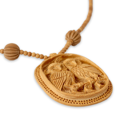 Wood pendant necklace, 'Owl Romance' - India Wood Jewelry Hand Crafted Necklace