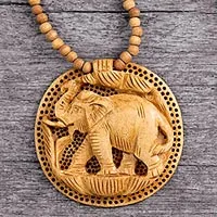 Hand carved wood necklace, 'Elephant Fortune' - Hand Crafted  Wood Necklace Indian Jewellery