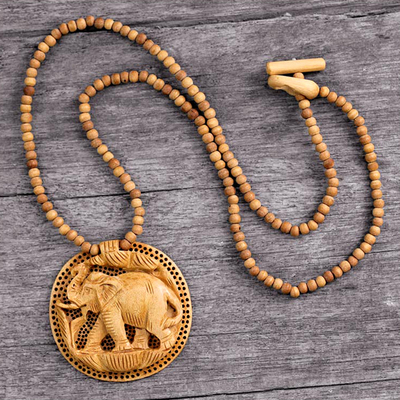 Hand carved wood necklace, 'Elephant Fortune' - Hand Crafted  Wood Necklace Indian Jewelry