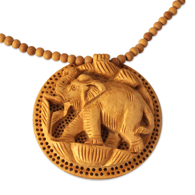 Hand carved wood necklace, 'Elephant Fortune' - Hand Crafted  Wood Necklace Indian Jewelry