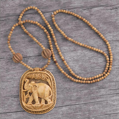 Wood pendant necklace, 'Elephant Realm' - Fair Trade jewellery Wood Necklace from India