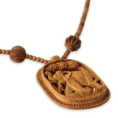 Wood pendant necklace, 'Elephant Realm' - Fair Trade Jewellery Wood Necklace from India