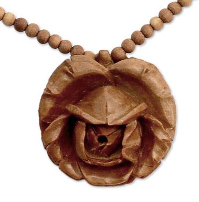 Wood flower necklace, 'Rose Heart' - Wood flower necklace
