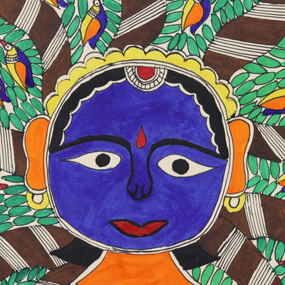Madhubani painting, 'Smiling Tree of Life' - Folk Art Madhubani painting 