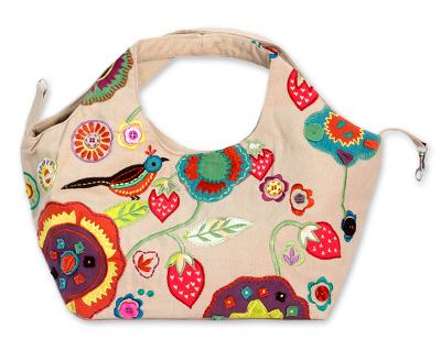 Cotton hobo handbag, 'Patna Partridge' - Embroidered Cotton Handbag