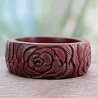 Wood bangle bracelet, 'Brown Rose Blossom'
