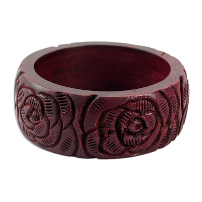 Wood bangle bracelet, 'Brown Rose Blossom' - Wood bangle bracelet