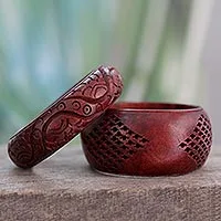 Wood bangle bracelets, 'India Romance' (pair) - Artisan Crafted Floral Mango Wood Bangle Bracelets (Pair)