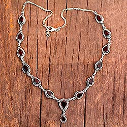 Garnet Y-necklace, 'Halo of Beauty' - Garnet Necklace Sterling Silver Artistmade Jewelry